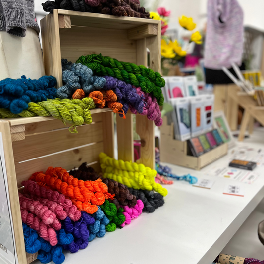 Display of the mini skeins in the studio.
